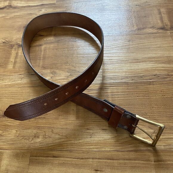VTG Mens 34 Brown Tooled Leather Western Cowboy Belt Adjustable Gold Buckle Work - Picture 15 of 15